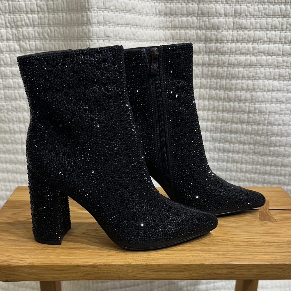 Lauren Lorraine Jam Black Rhinestone Ankle Boots Block Heel Size 6.5
